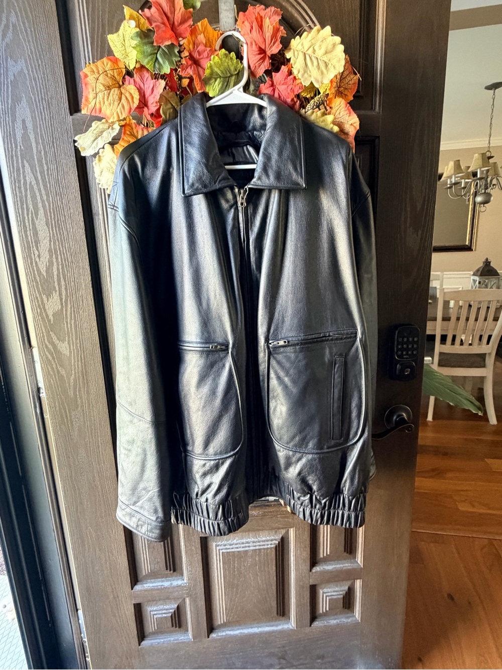 George Black Leather Bomber Jacket with Zip Pockets